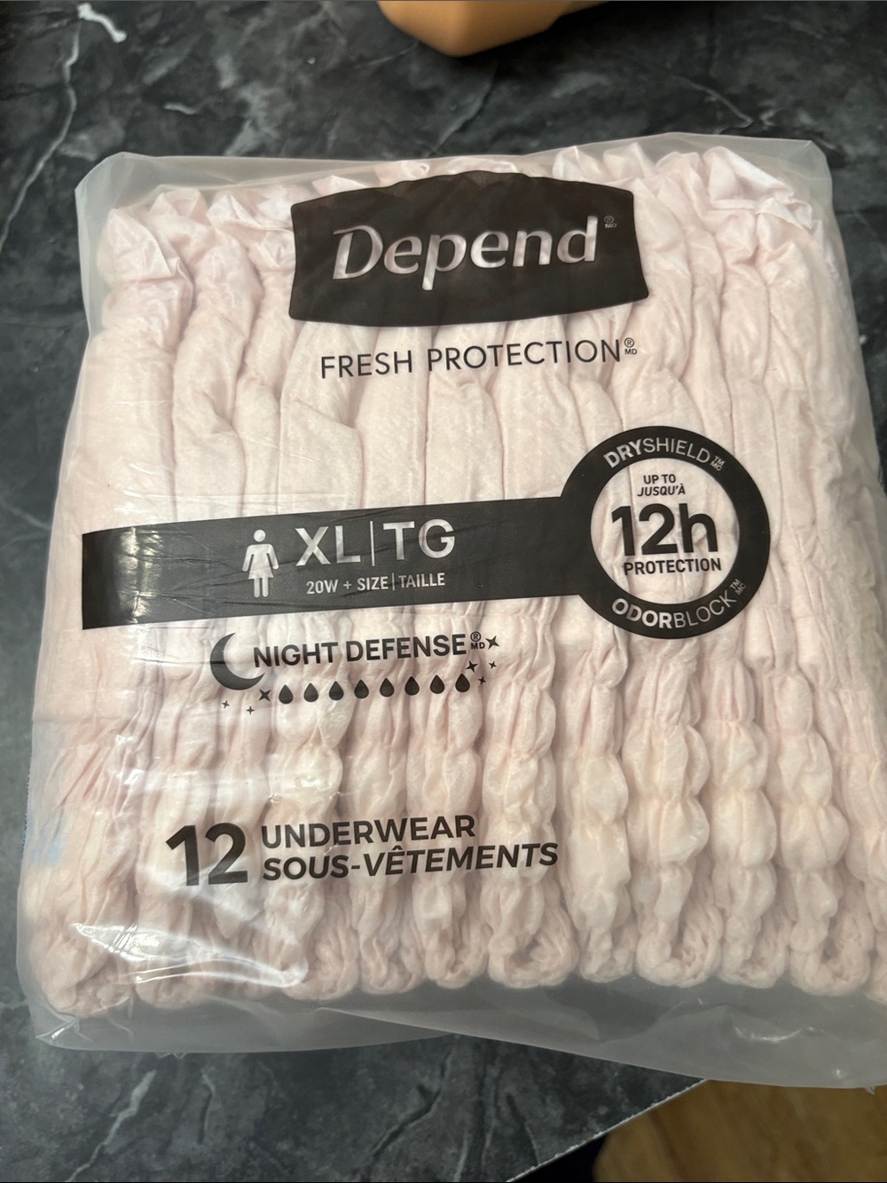 Depends XL woman’s fresh protect pink 12 per pack
